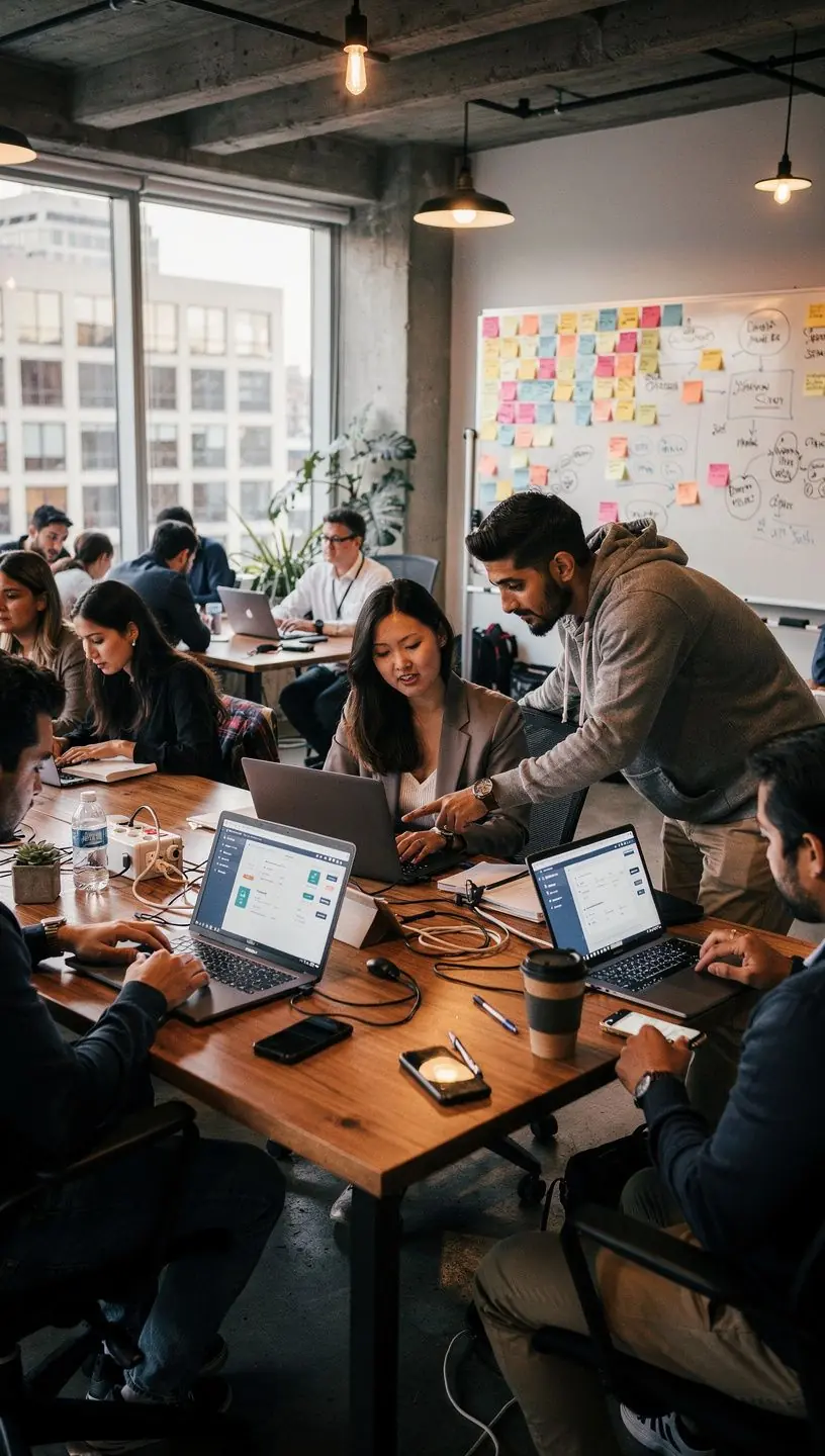 Team members collaborating on a digital whiteboard to enhance software usability for diverse users.